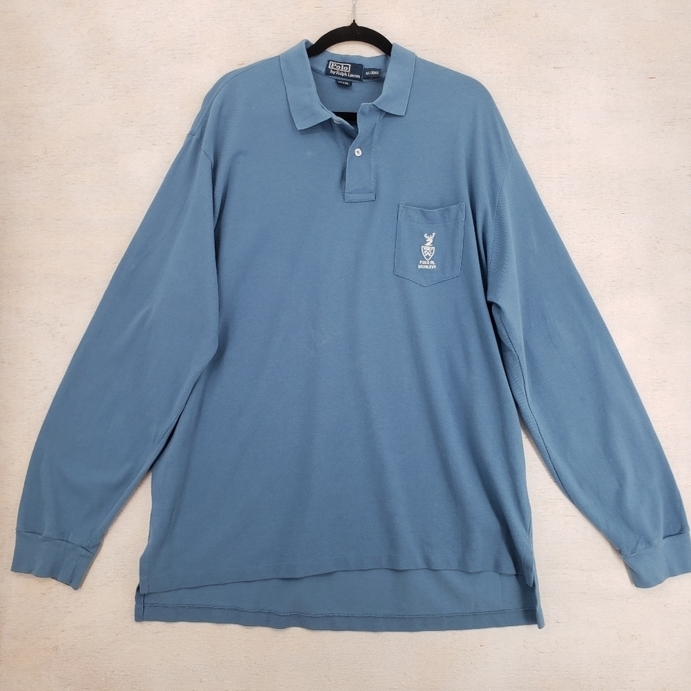 Vintage Polo Ralph Lauren Men US XL blue long sleeve knit polo shirt embroidered